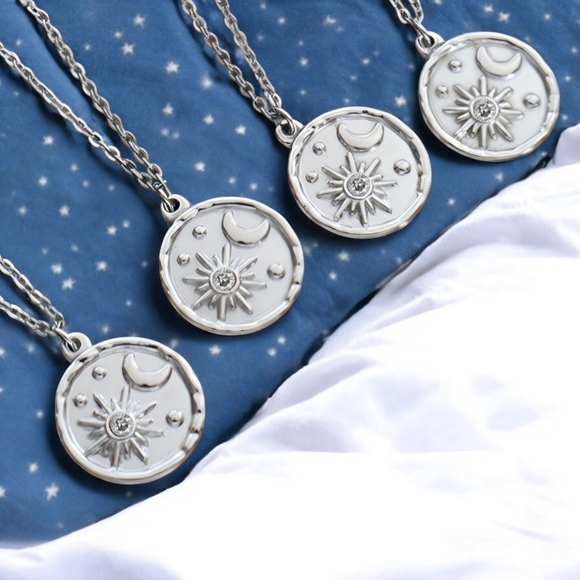 🆕️Celestial Sun & Moon Necklace 18K White Gold Plated Stainless Steel Medallion - Picture 9 of 12